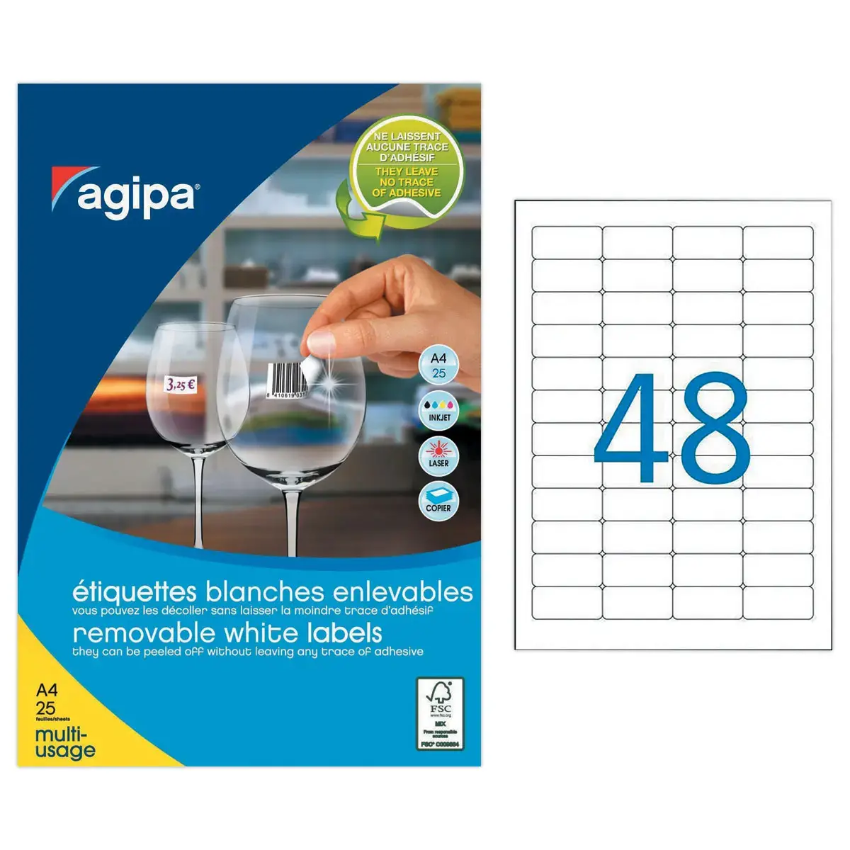 25 Planches d'étiquettes enlevables laser45,7x21,2 mm 1200 étiq/boîte
