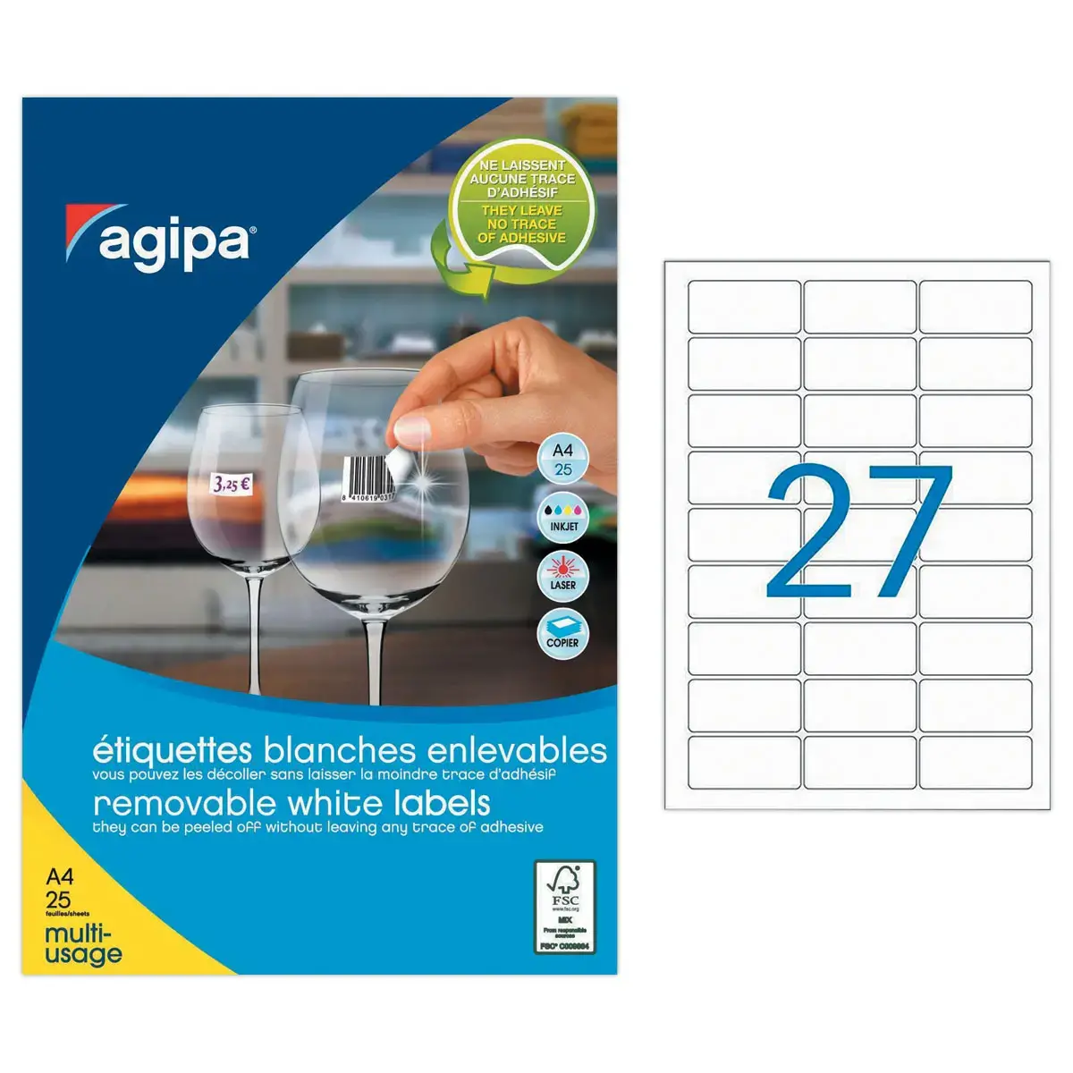 25 Planches d'étiquettes enlevables laser63,5 x29,6 mm 675 étiq/boîte