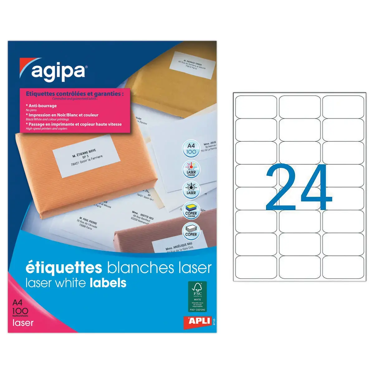 100 Planches d'étiquettes laser 63,5 x33,9mm soit 2400 étiq/boîte - APLI