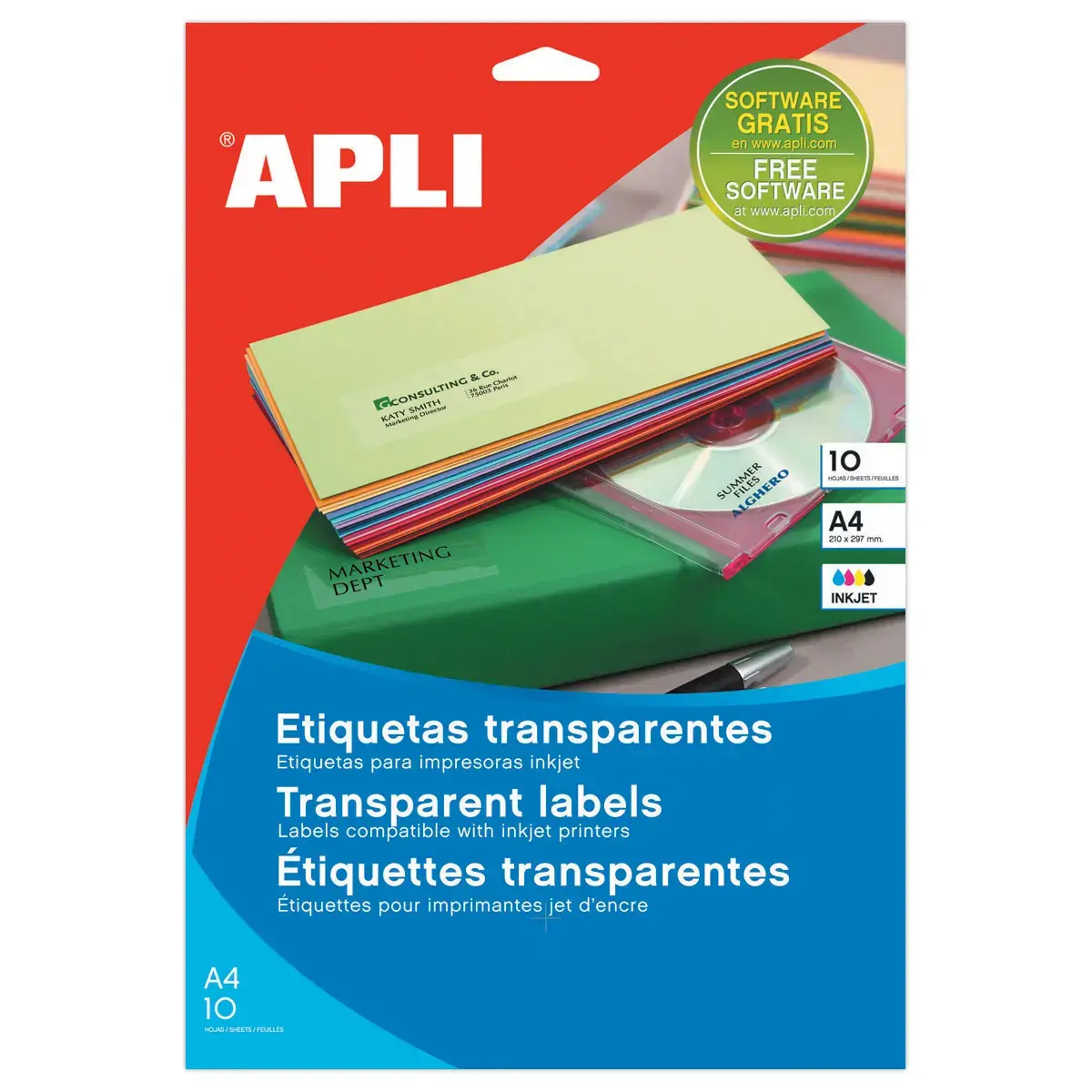 10 Planches d'&eacute;tiquettes transparentes 63,5x38,1 mm 210 &eacute;/Bte 