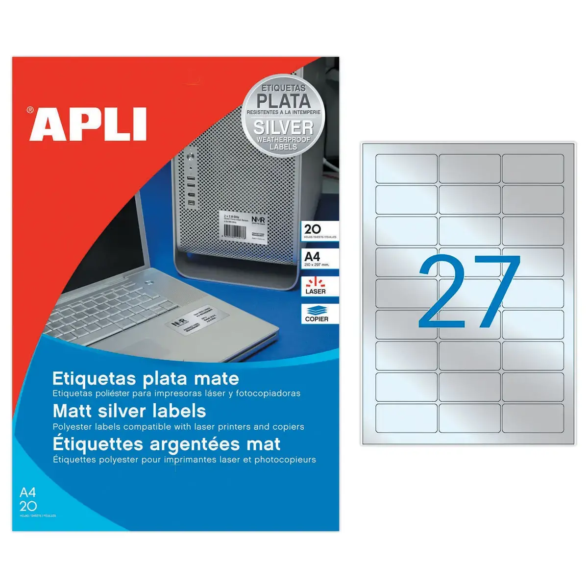 20 Planches d'&eacute;tiquettes inalt&eacute;rables laser 63,5x29,6mm 540 &eacute;tiq. argent 