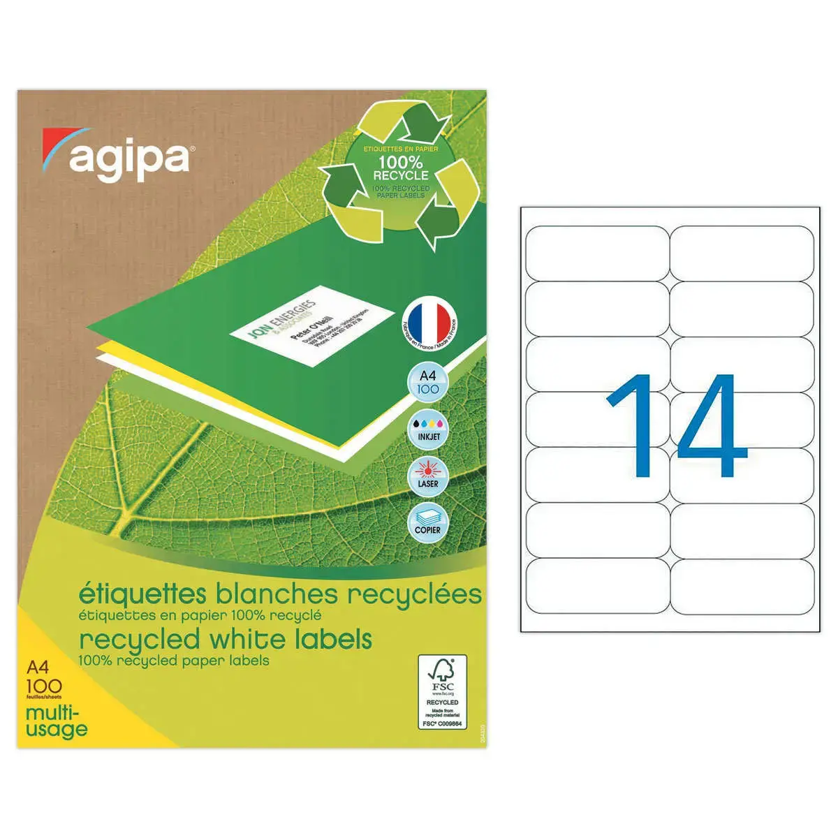 100 Planches d'&eacute;tiquettes laser 100% recycl&eacute;es 99,1X38,1 mm soit 1400 &eacute;tiq 