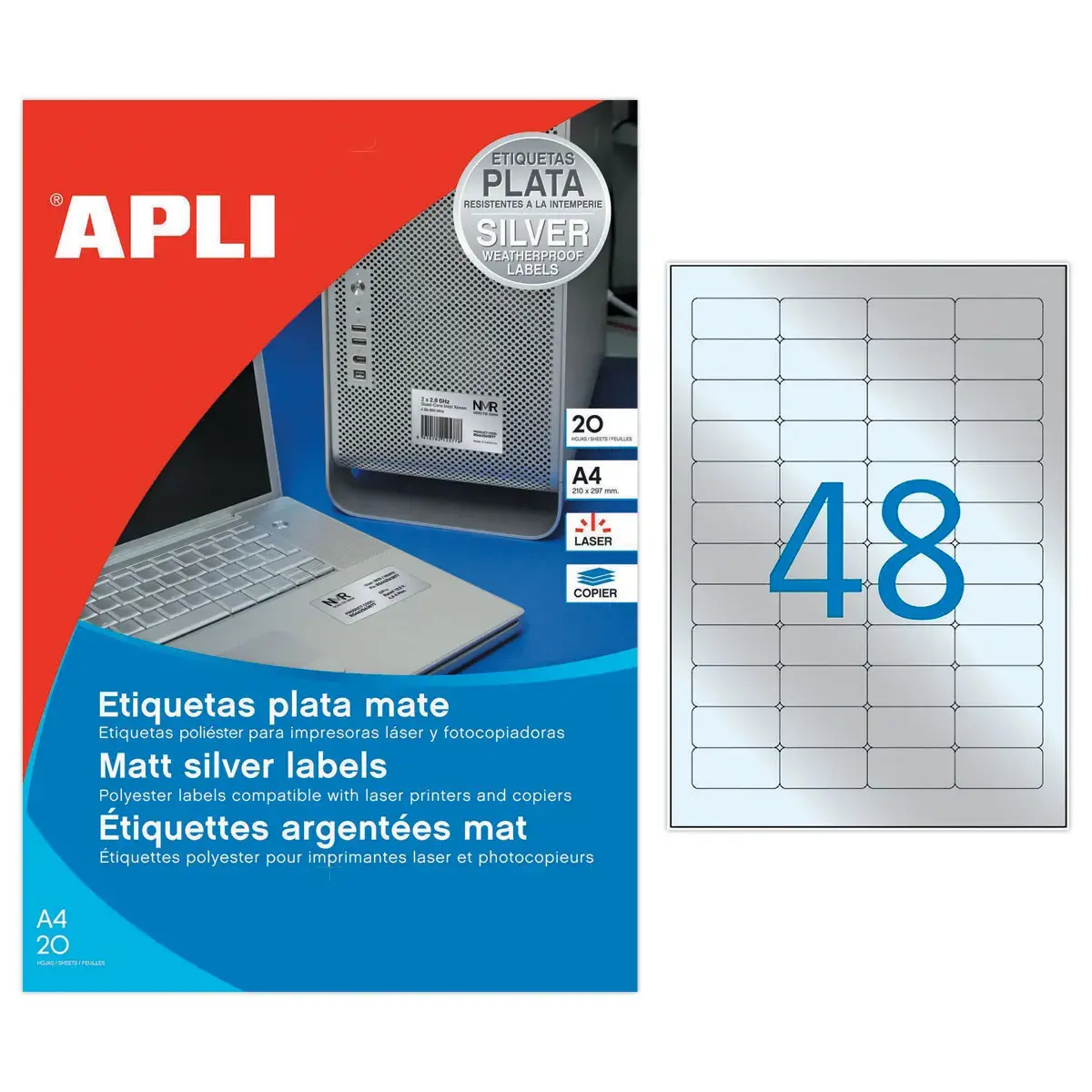20 Planches d'&eacute;tiquettes inalt&eacute;rables laser 45,7x21,2mm 960 &eacute;tiq. argent 