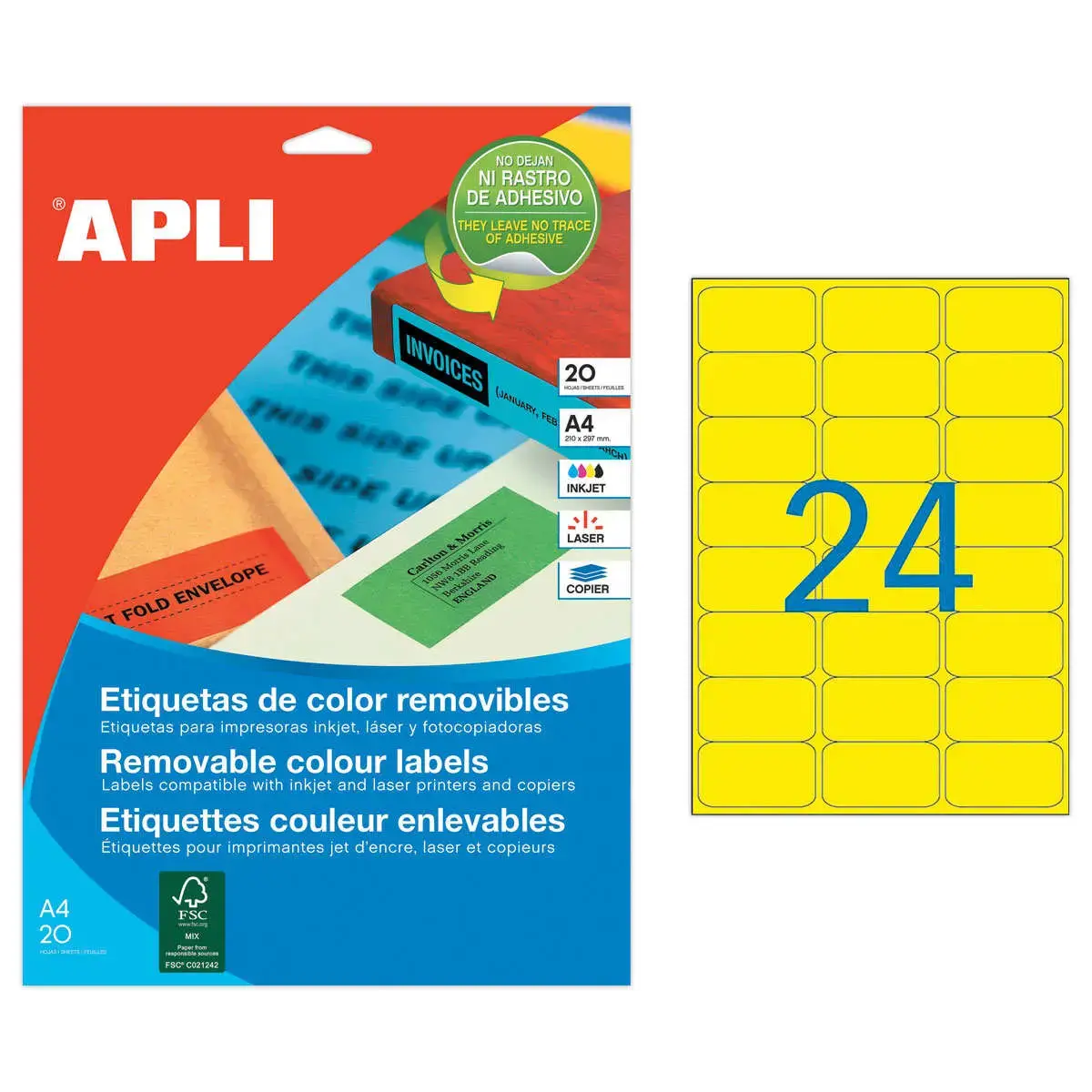 20 Planches d'&eacute;tiquettes L63,5xH33,9 mm 480 &eacute;tiq/ bo&icirc;te, jaune 