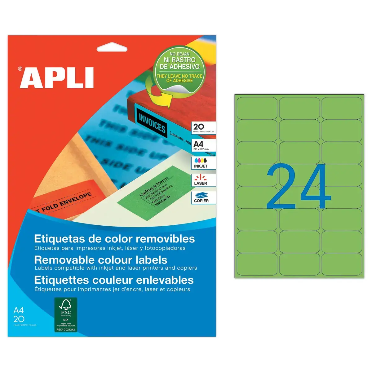 20 Planches d'étiquettes L63,5xH33,9 mm 480 étiq/ boîte,vert