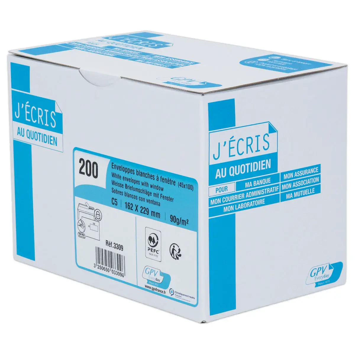 200 Enveloppes blanches avec fenêtre - 162 x 229 mm - GPV