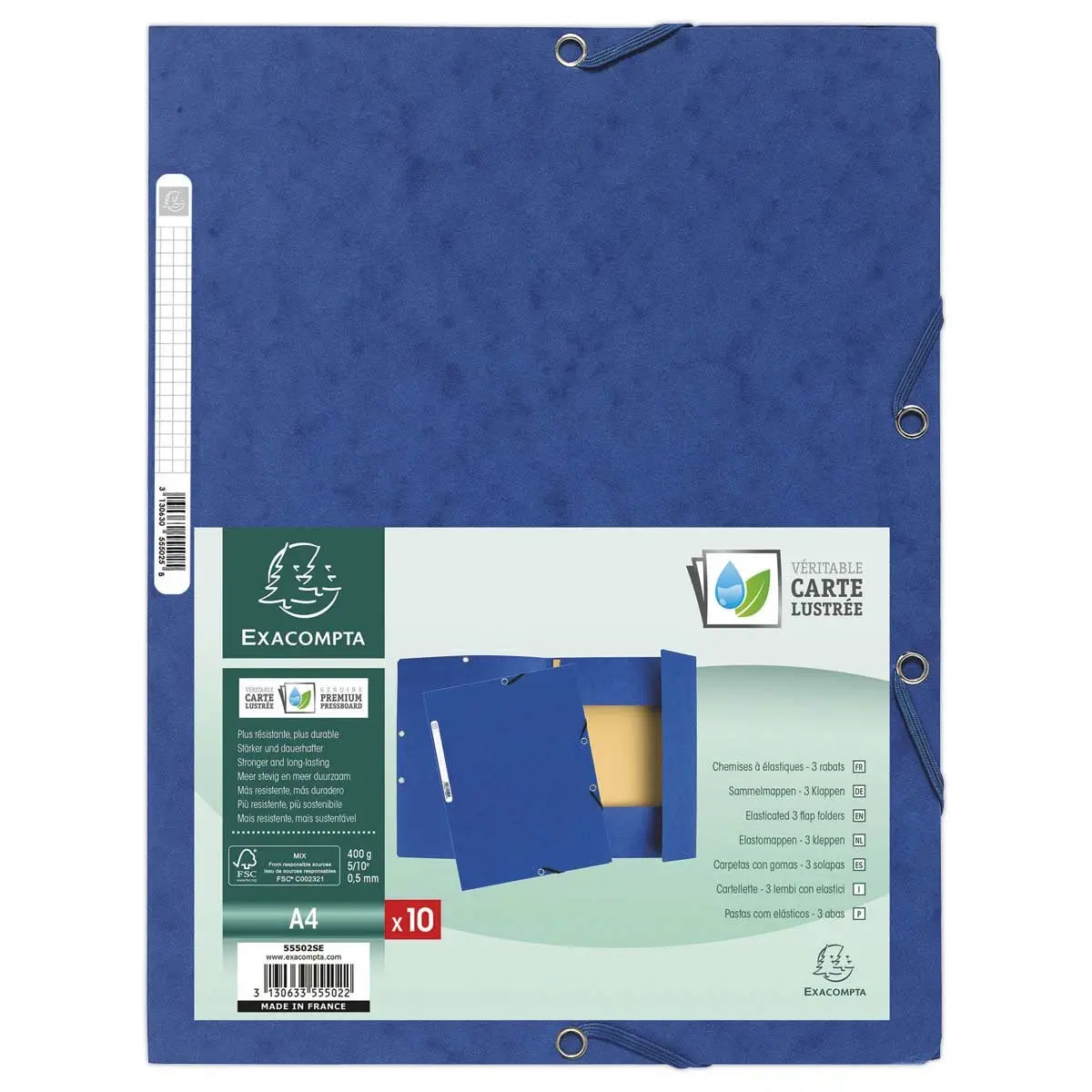 Chemise 3 rabats à élastiques carte lustrée - Bleu - EXACOMPTA