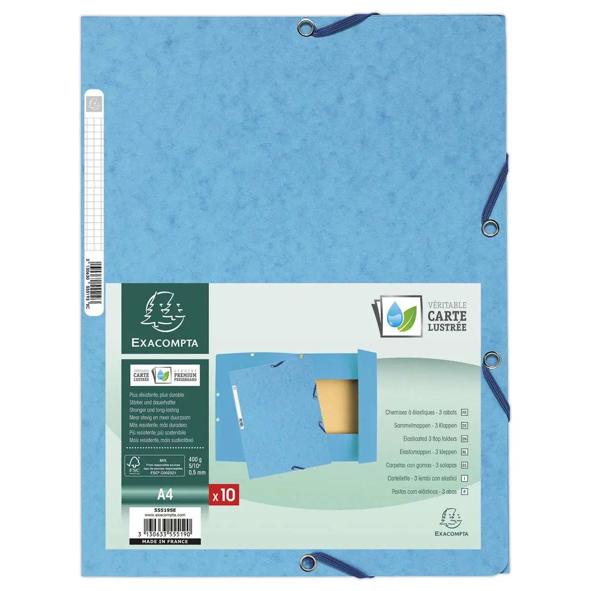 Chemise 3 rabats à élastiques carte lustrée - Bleu clair - EXACOMPTA