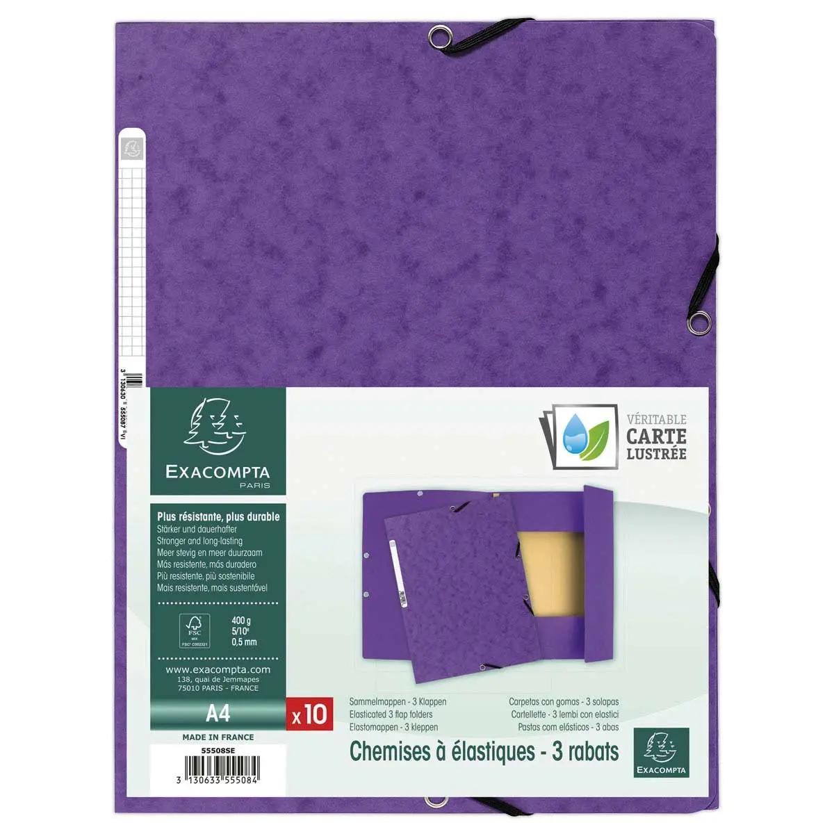 Chemise 3 rabats à élastiques carte lustrée - Violet - EXACOMPTA