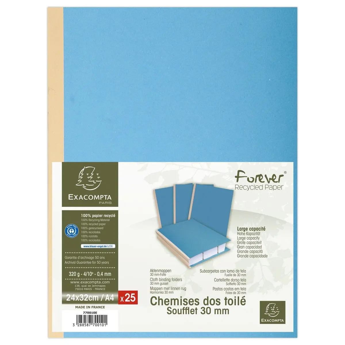 25 Chemises dos toilé Forever 320g - 24 x 32 cm - Bleu foncé - EXACOMPTA