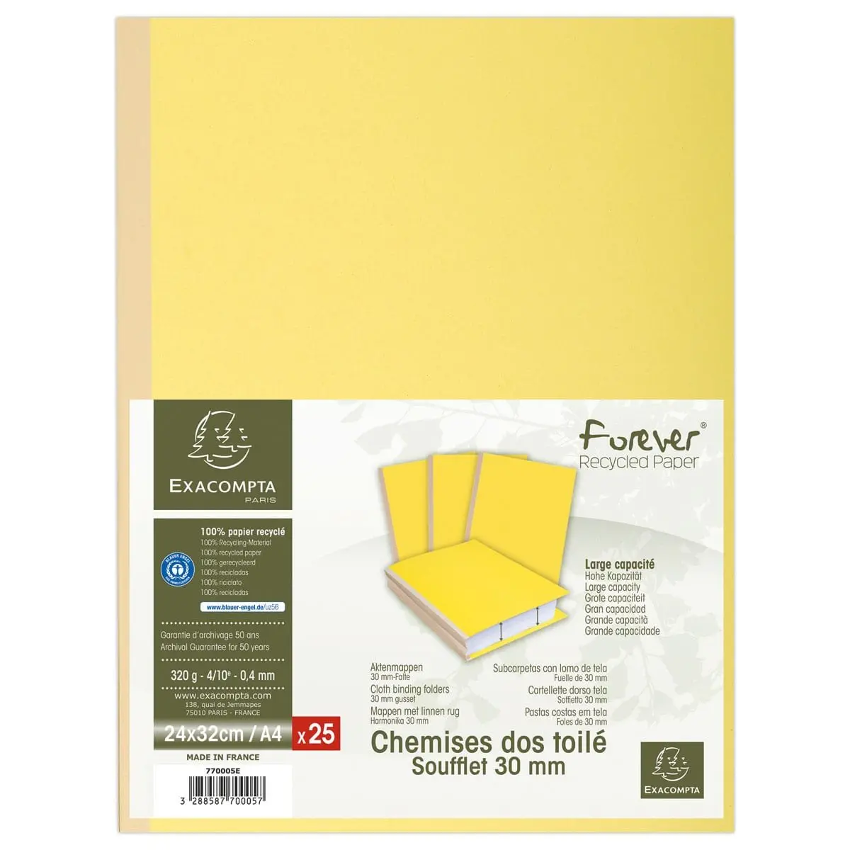 25 Chemises dos toilé Forever 320g - 24 x 32 cm - Jaune - EXACOMPTA