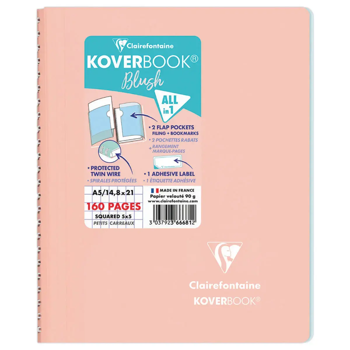Cahier spirale KOVERBOOK Blush - A5 160 pages - 90g - CLAIREFONTAINE