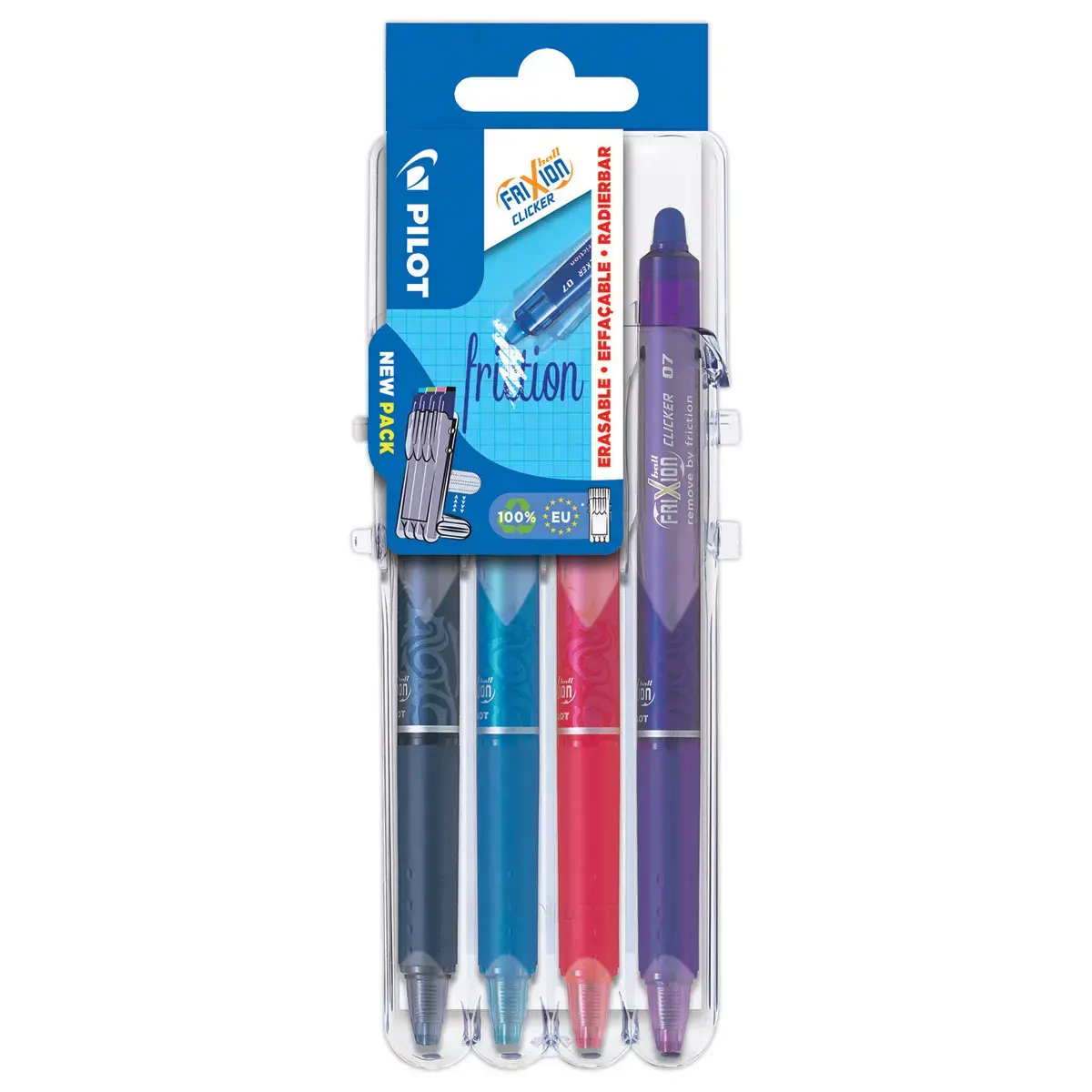 4 Stylos-billes gel FriXion Ball Clicker 07 - Effaçables - Pointe moyenne - Coloris assortis - Pilot