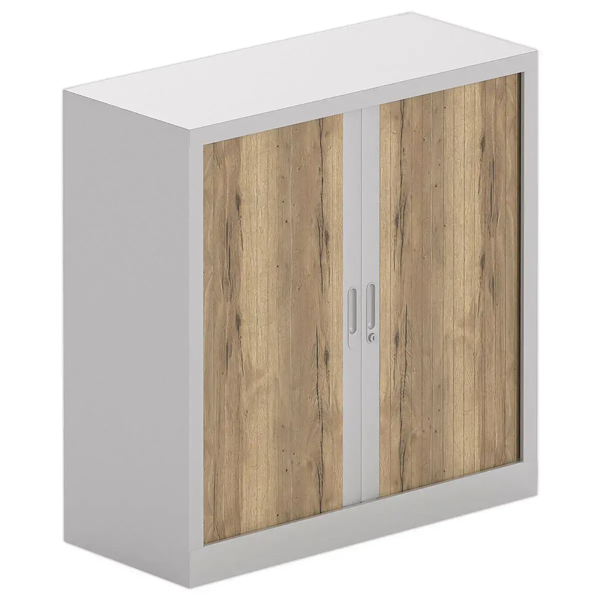 Armoire basse à rideaux métalliques - Alu et chêne veiné - 100x100 cm