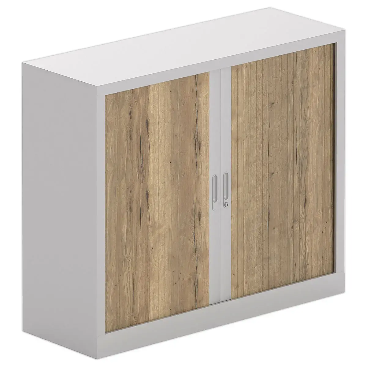 Armoire basse à rideaux - 100 x 120 cm - Alu et chêne veiné