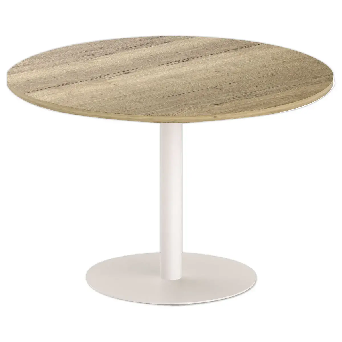 Table ronde diam 116 cm plateau chêne veiné pied tulipe blanc