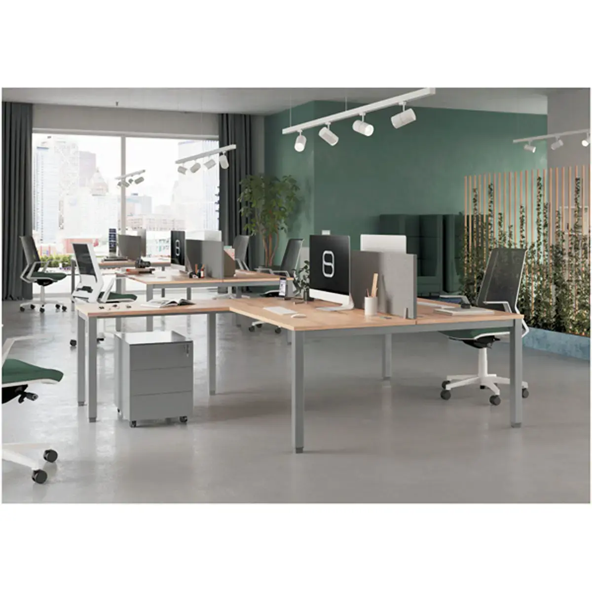Bureau vis &agrave; vis 4 pieds 140 X 160 X 74 ch&ecirc;ne vein&eacute;/alu 
