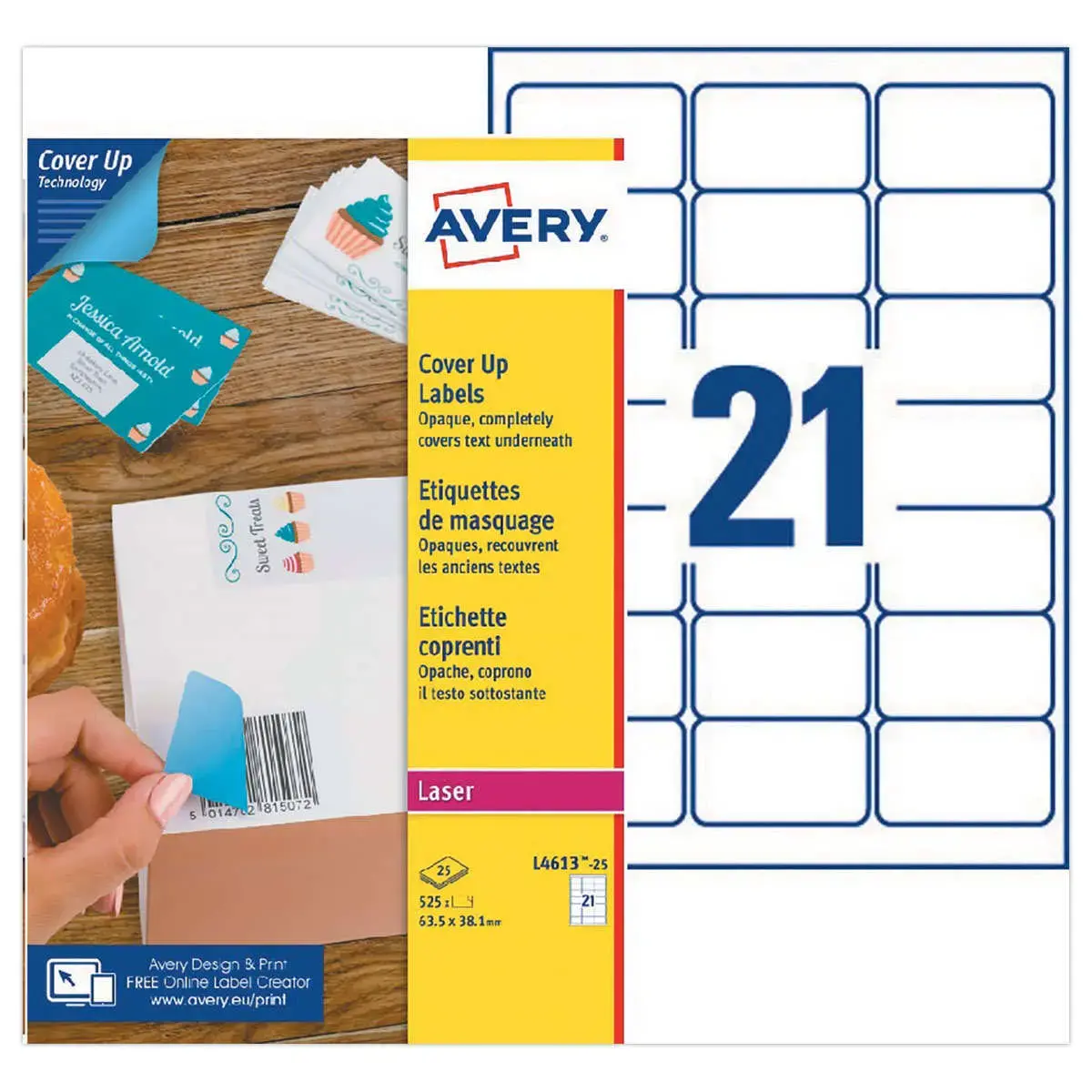 Étiquettes de masquage laser AVERY 63,5 x 38,1 mm 25 f x 21 étiquettes