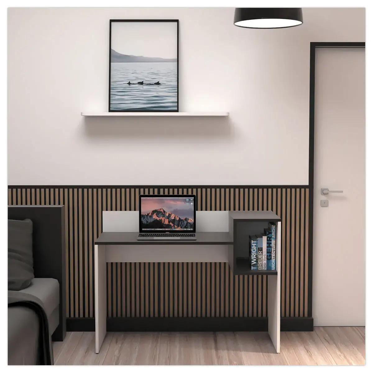 Bureau adapté pour le télétravail en mélaminé avec niche - L 121 cm
