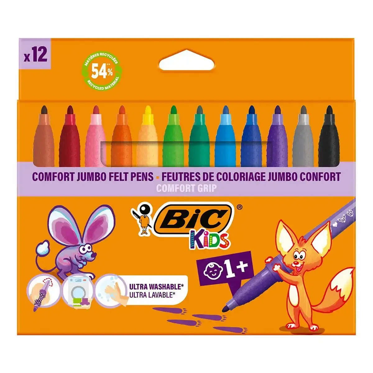Feutre de coloriage BIC COMFORT GRIP - corps triangulaire avec grip - pointe extra large - encre lavable - coloris assortis - lot de 12