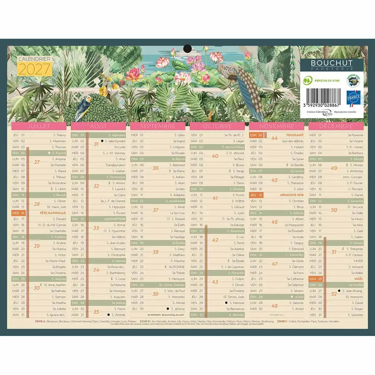 Calendrier de banque 12 mois Exotique - 26.5 x 21 cm - Janvier à décembre - BOUCHUT GRANDREMY