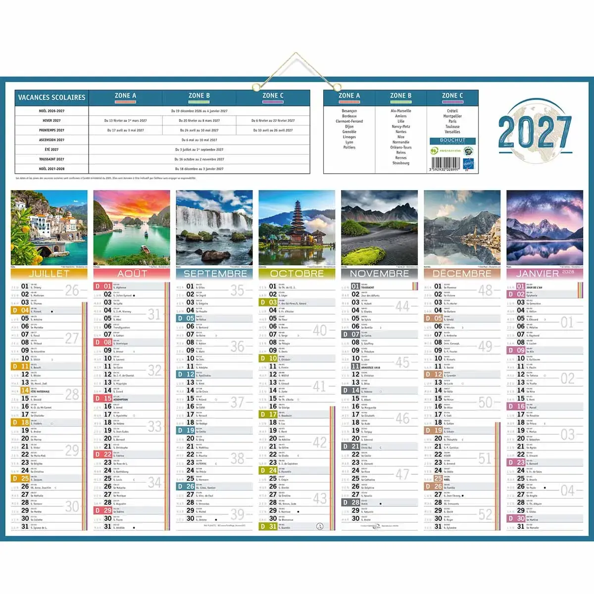 10 Calendriers banque Planètes 14 mois - 55 x 43 cm - Janvier à décembre - BOUCHUT GRANDREMY