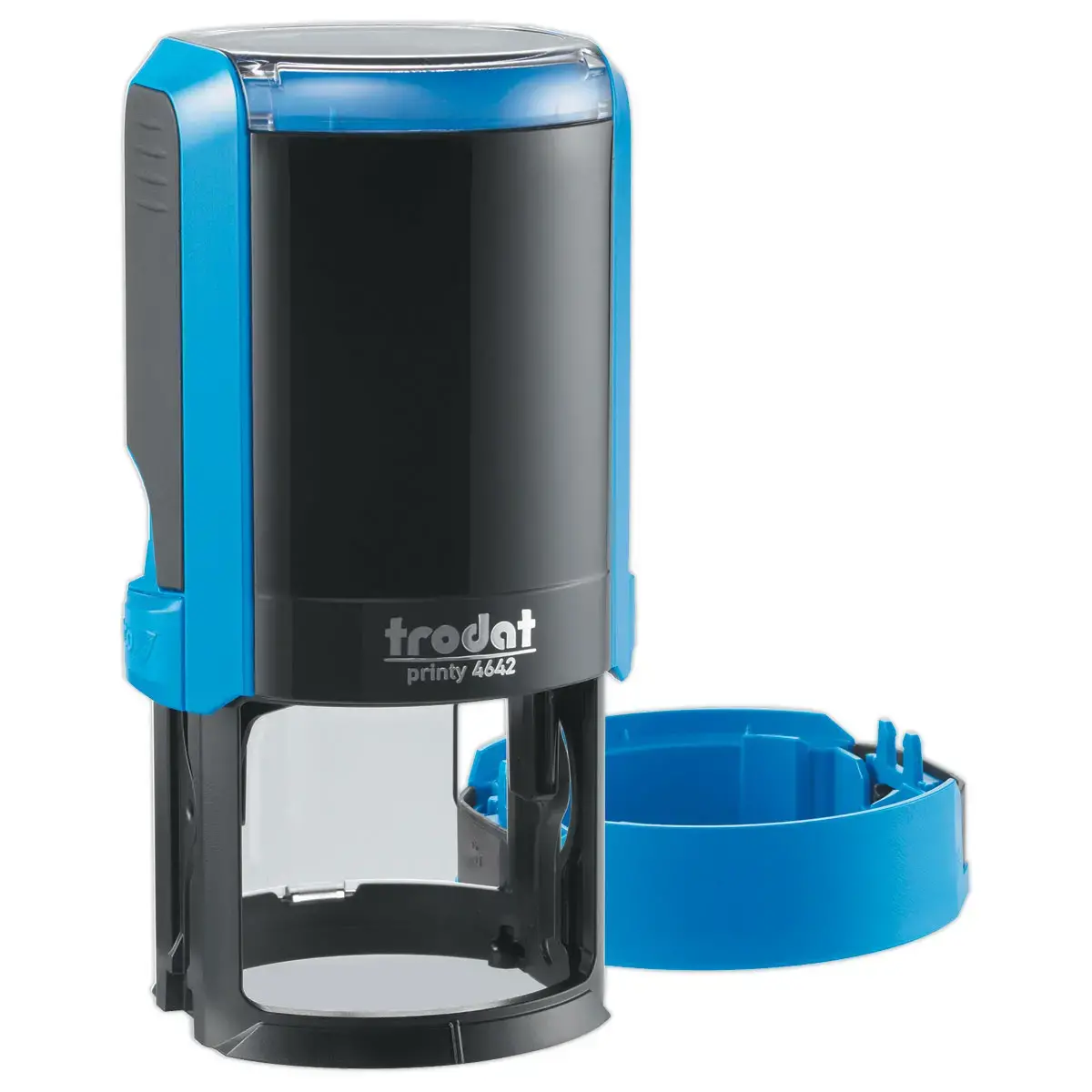 Timbre personnalisable Printy 4642 - Bo&icirc;tier bleu - Encre noire - &Oslash;42 mm - 8 lignes max. 
