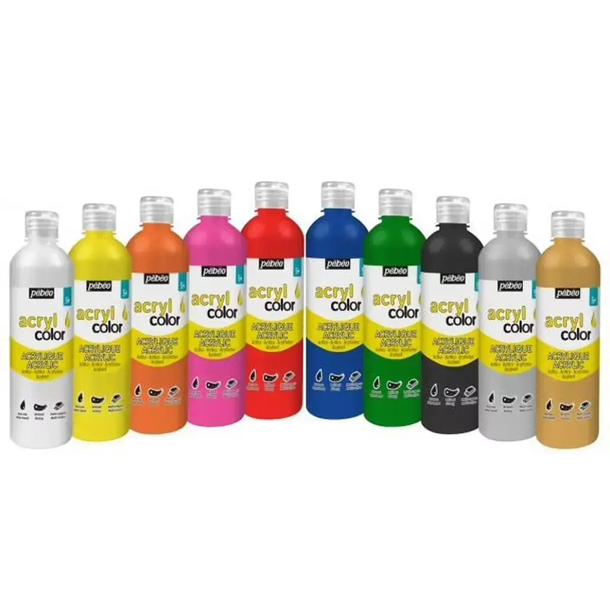 Gouache acrylique PEBEO - 500ml - coloris assortis - lot de 10 flacons