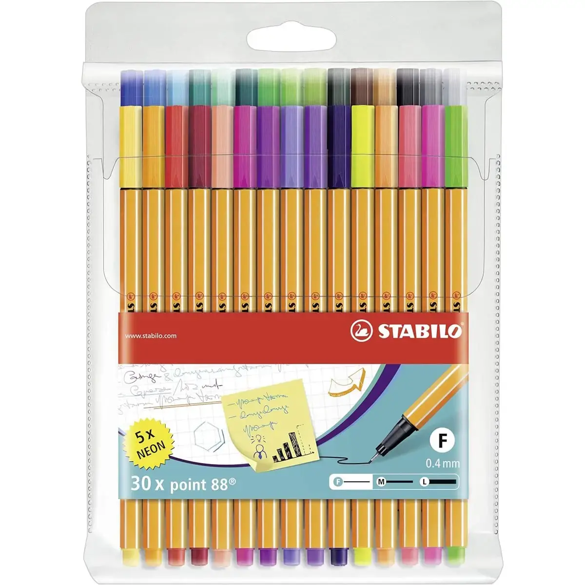 Stylo feutre Stabilo point 88 - pointe extra fine 0,4 mm - coloris assortis dont 5 fluos - Lot de 30 