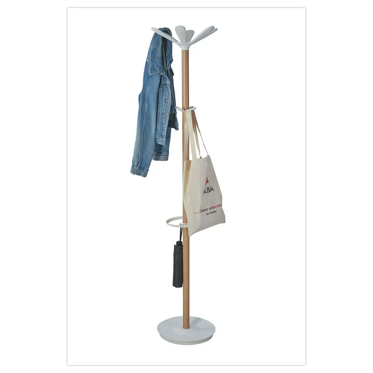 Porte-manteau - 10 pat&egrave;res + porte-parapluie - Bois et m&eacute;tal blanc - ALBA 