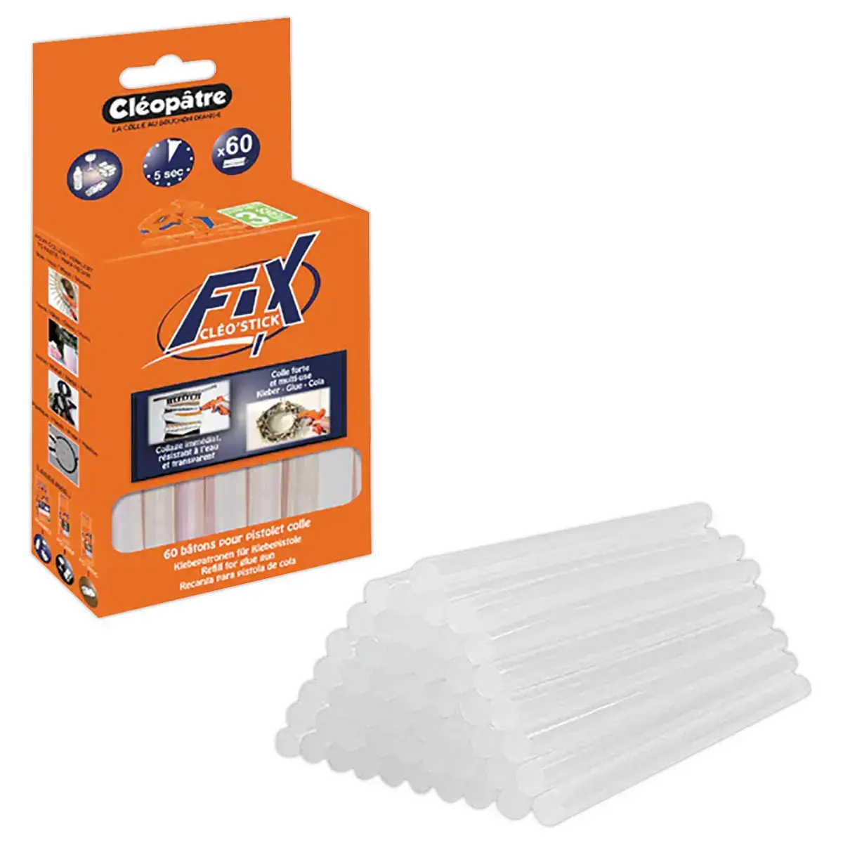 Colle b&acirc;ton transparente &Oslash;7 mm Cl&eacute;op&acirc;tre pour pistolet - lot de 60 