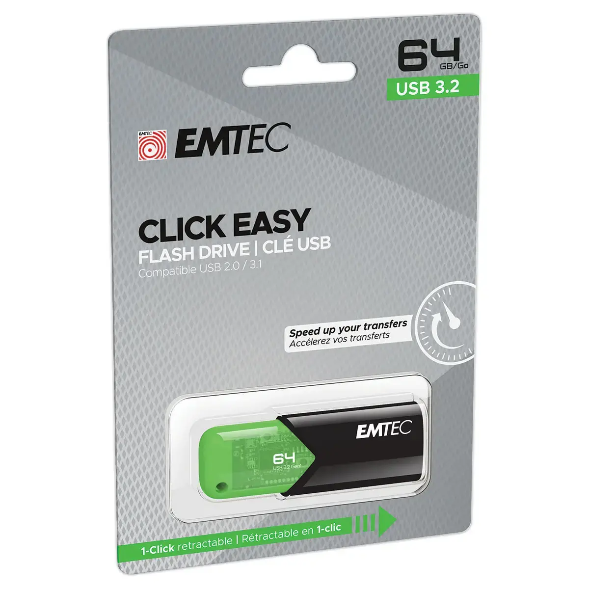 Cl&eacute; USB 3.2 Click Easy Gen1 -  64 Go - Vert - Emtec 