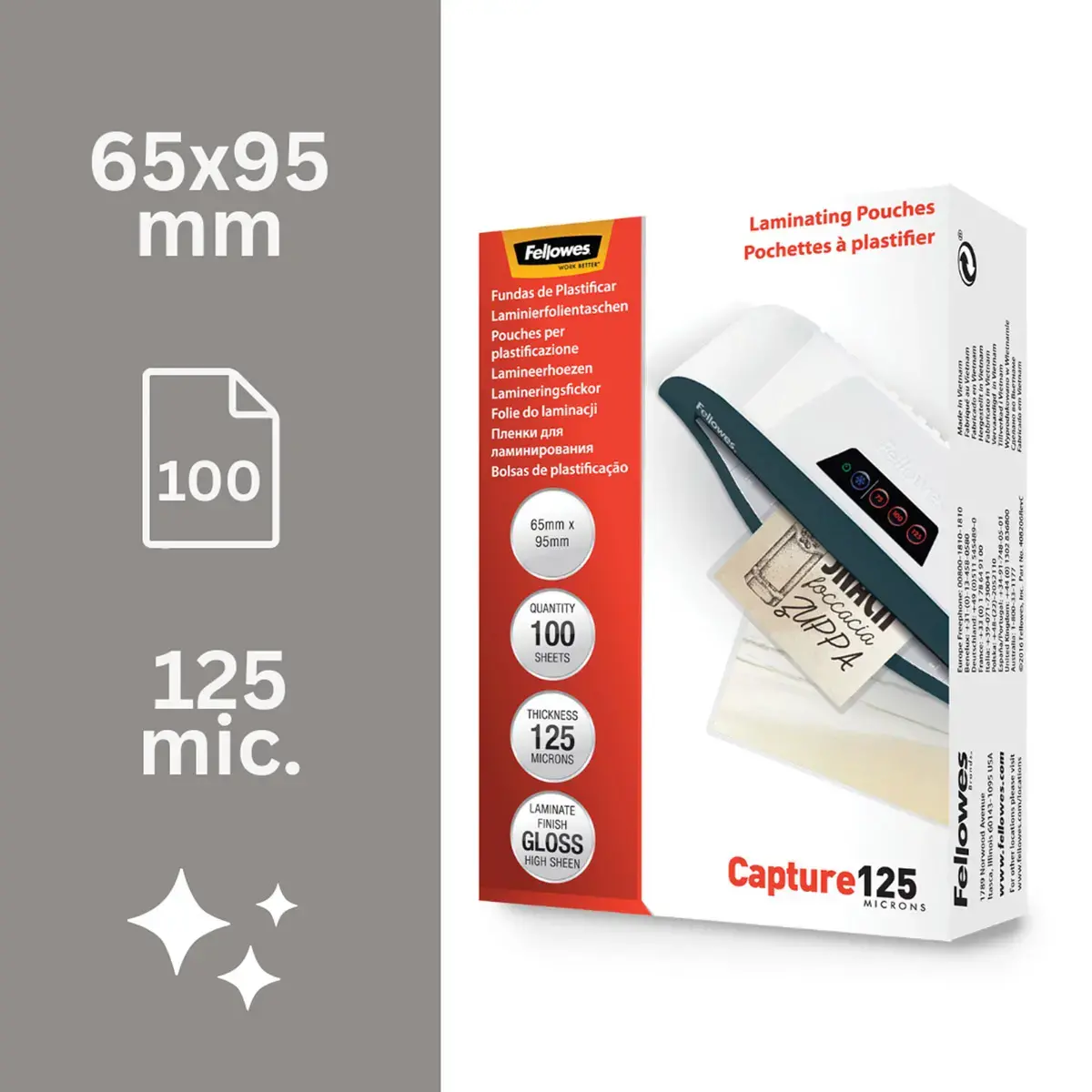 100 Pochettes plastification brillantes - 6,5 x 9,5 cm - 125 µ - Fellowes