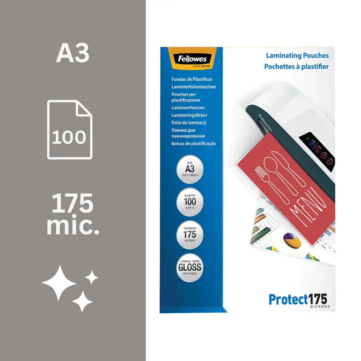 100 Pochettes de plastification brillantes - A3 - 175&micro; - Fellowes 