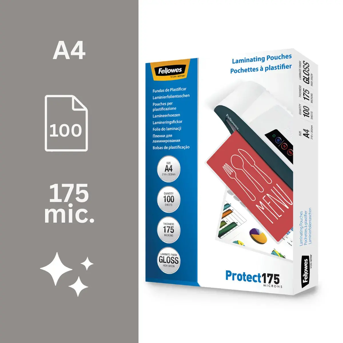 100 Pochettes de plastification brillantes - A4 - 175µ - Fellowes