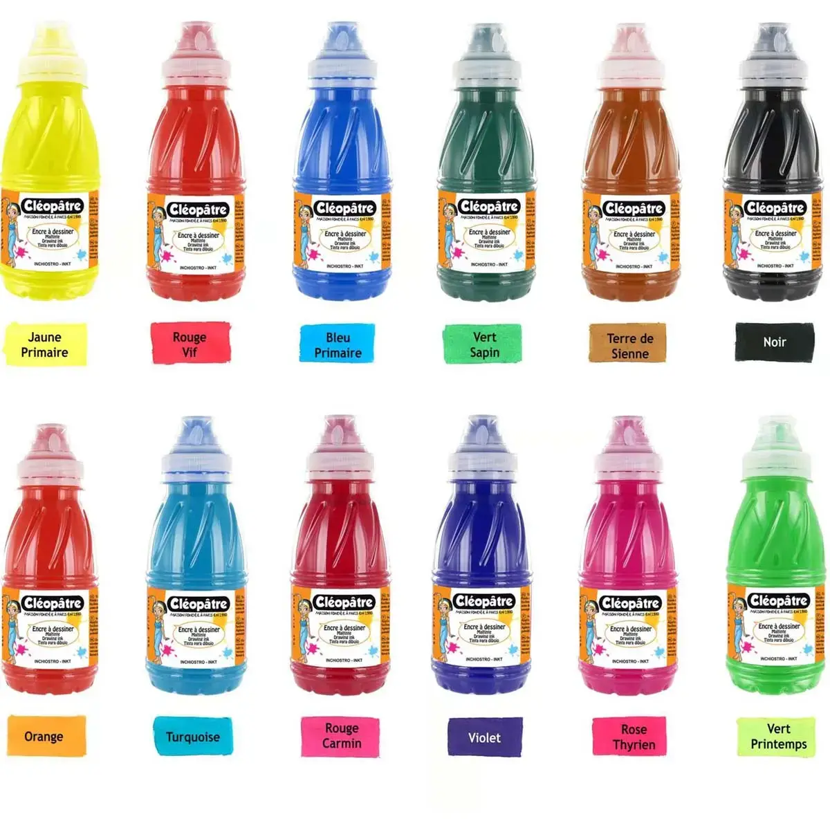 Encre à dessiner à base d'eau - CLEOPATRE - 500ml - coloris assortis - lot de 12