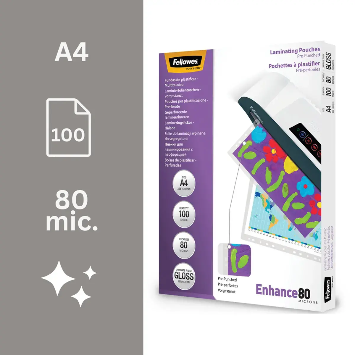 100 Pochettes de plastification perforées - A4 - 80 µ - Fellowes