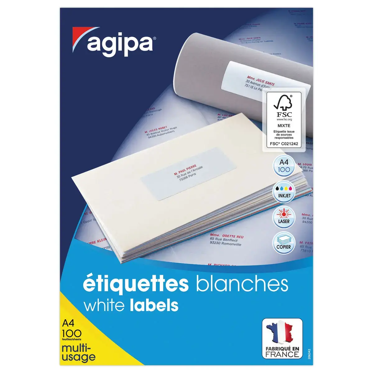 100 Planches d'&eacute;tiquettes A4 multi-usages soit 2100 &eacute;tiquettes blanches 