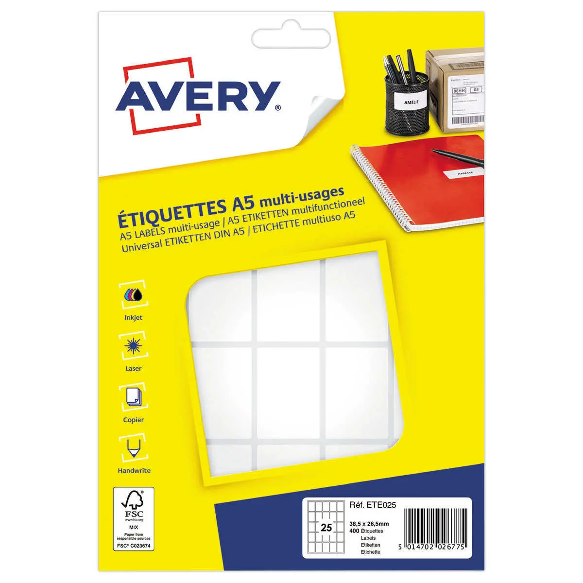 10 Feuilles A4 soit 650 &eacute;tiquettes blanches coins carr&eacute;s 38x21,2 mm 