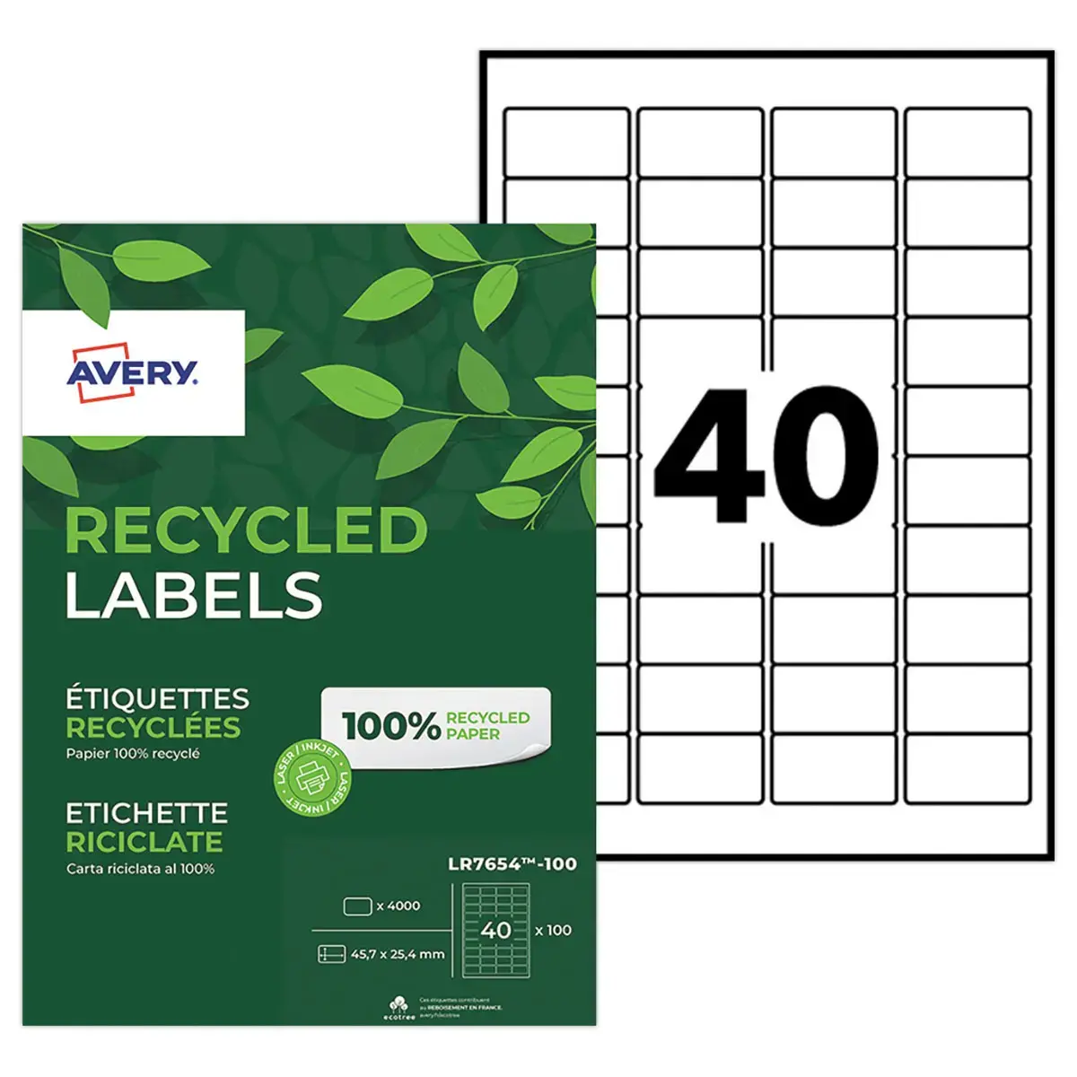 100 planches de 40 &eacute;tiquettes adresses recycl&eacute;es blanches 45,7 x 25,4 mm 