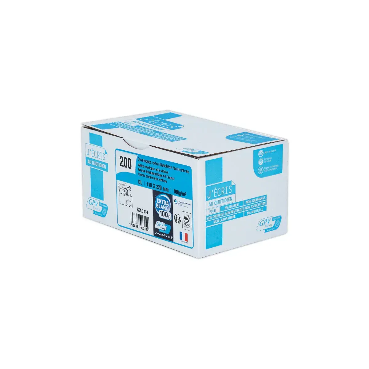 200 Enveloppes Extra blanches DL 110x220 100 g fenêtre 45x100 bande protec