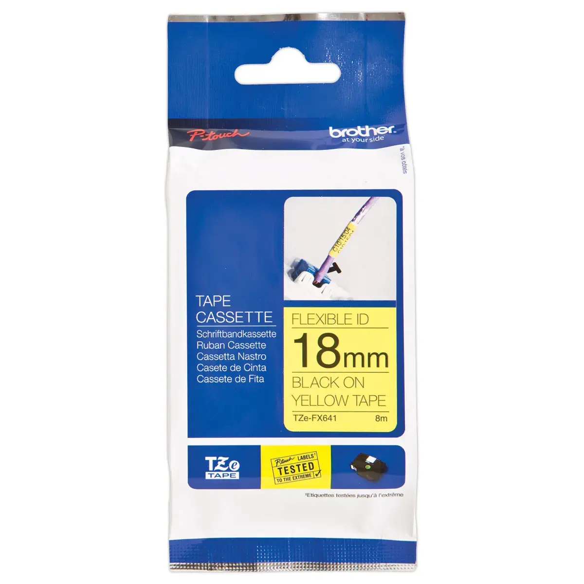 Ruban lamin&eacute; flexible TZe-FX641 largeur 18mm jaune impression noire 