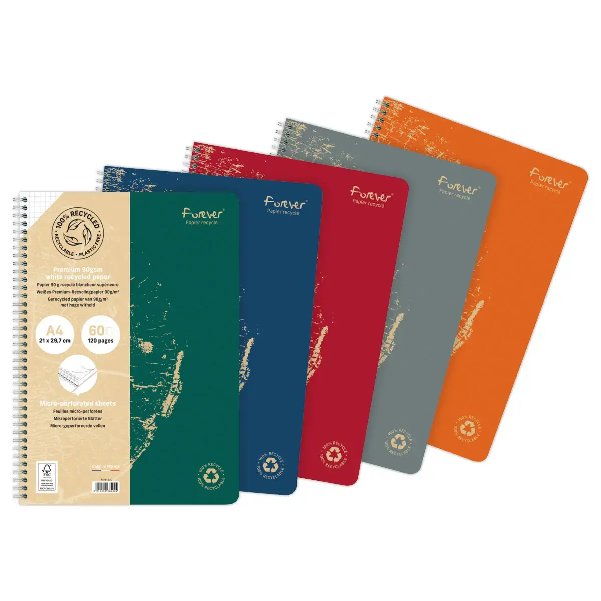Cahier recycl&eacute; &agrave; spirales - A4 - 5x5 - FOREVER 