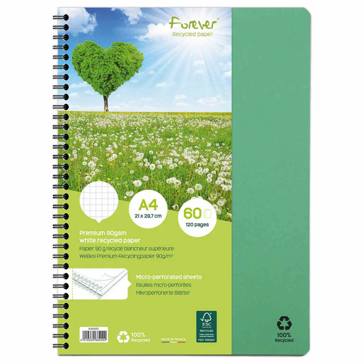 Cahier recycl&eacute; &agrave; spirales - A4 - 5x5 - FOREVER 