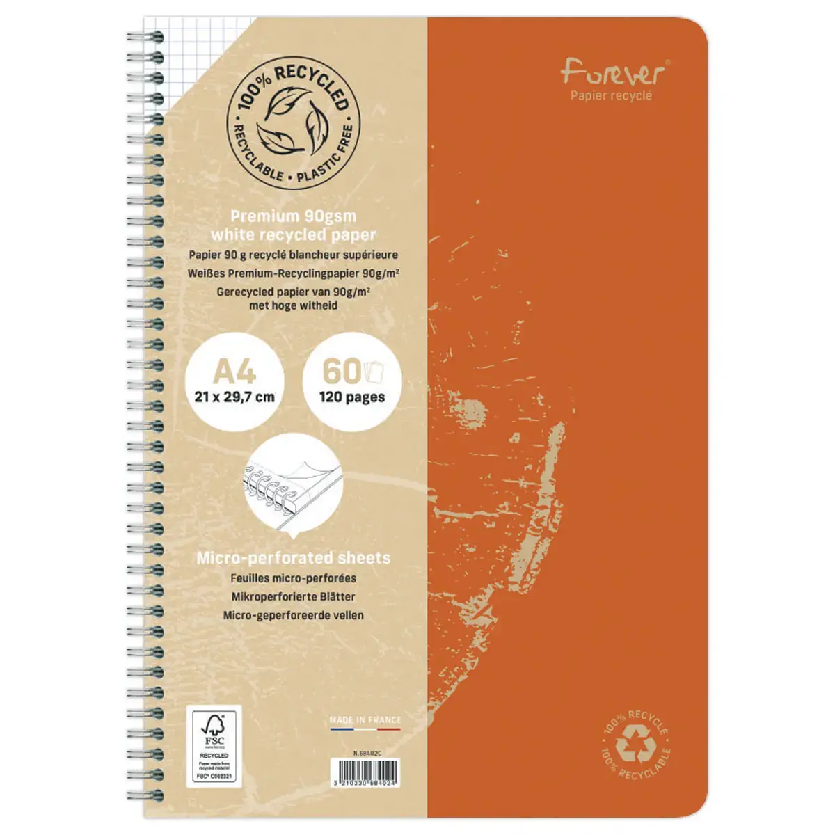 Cahier recyclé à spirales pages A4 ligné.
