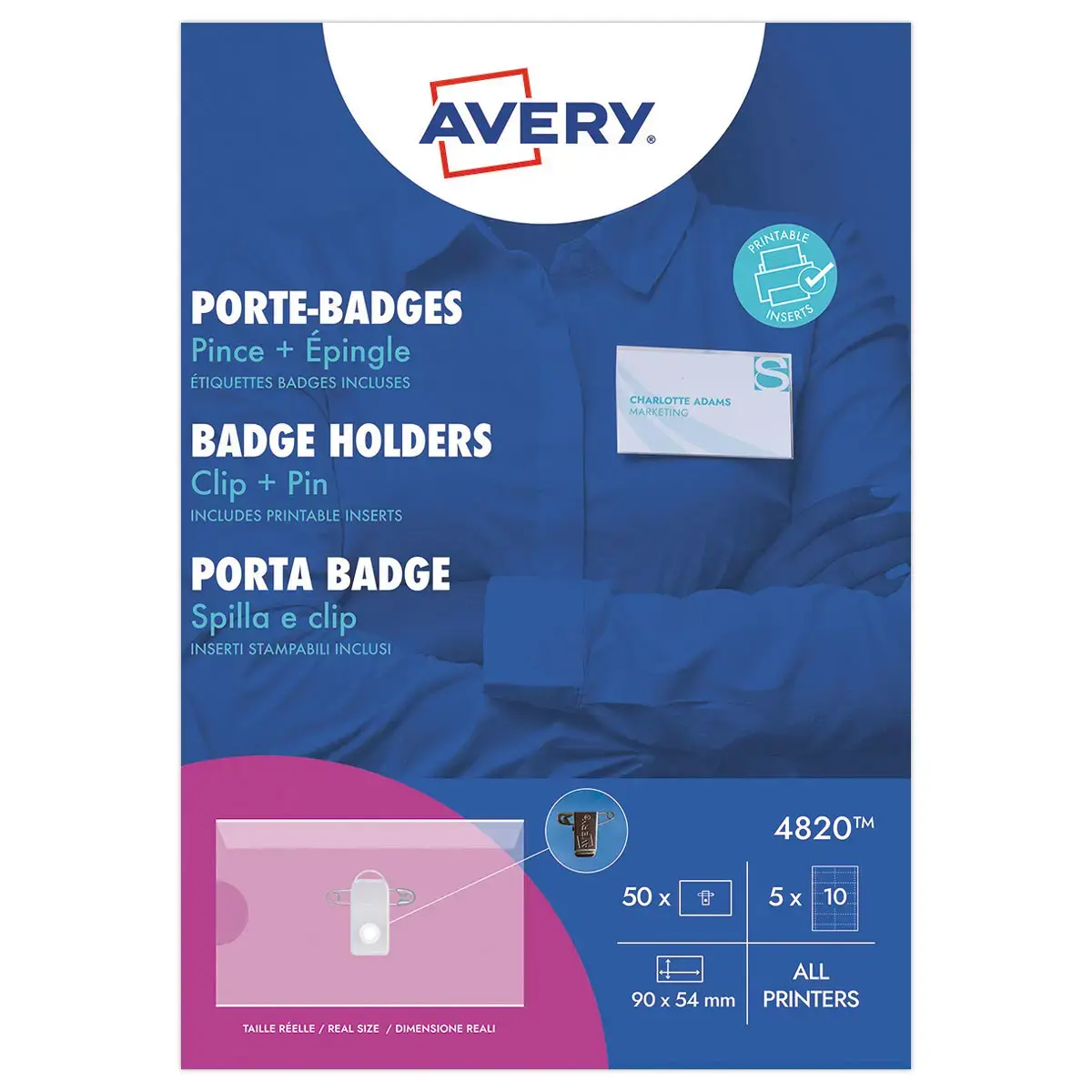 50 Porte-badges à pince et épingle - 9 x 5,4 cm - Avery