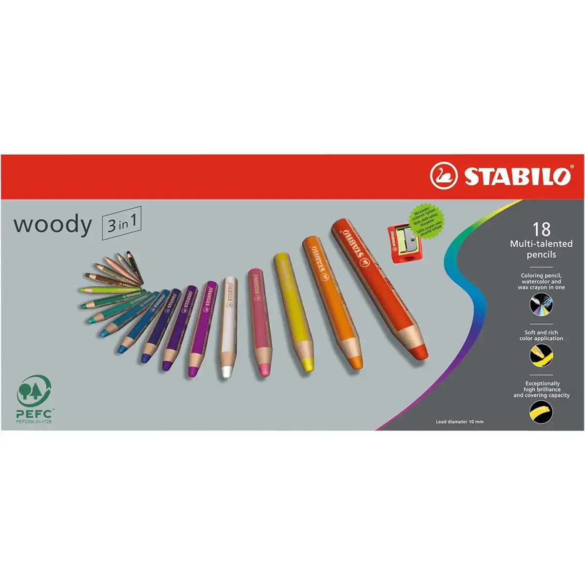 Crayon en bois gros module WOODY - mine 10mm - multi surfaces - 1 taille-crayon inclus - coloris assortis - lot de 18