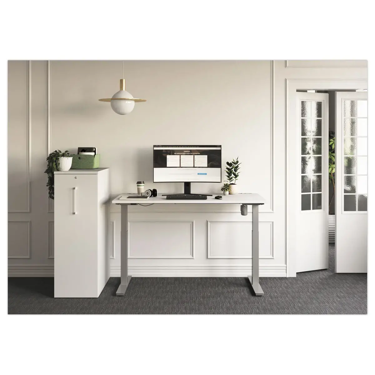 Bureau électrique BERNE – 160 x 80 cm – Plateau acacia et pieds alu – Fiducial