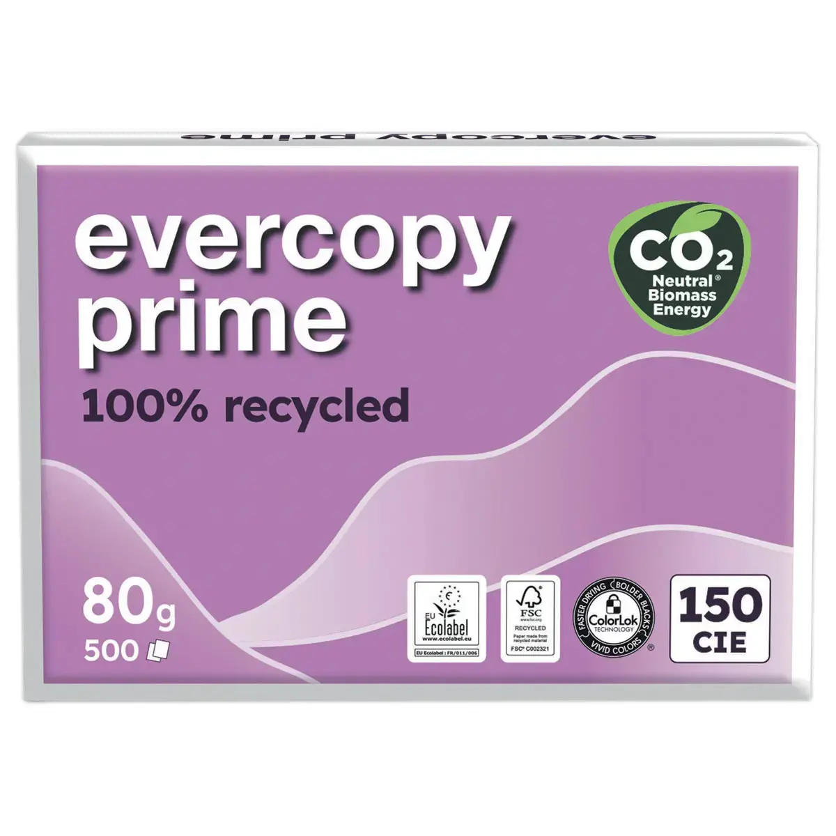 5 Ramettes 500f. de papier recycl&eacute; 100% EVERCOPY PRIME A4 80G 