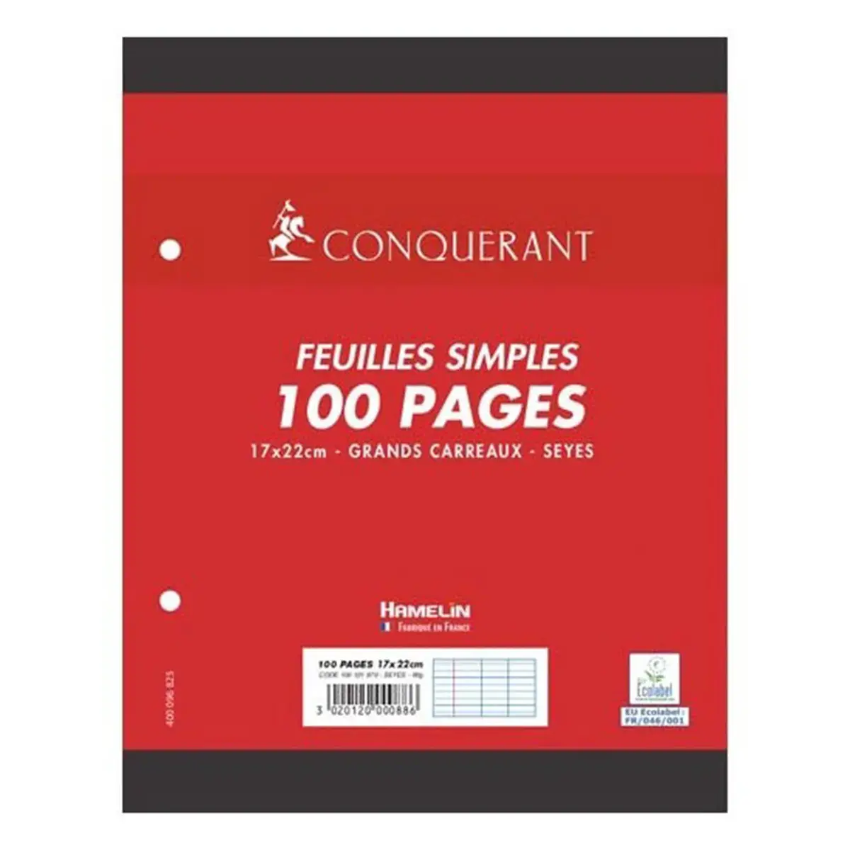 Feuille mobile simple perfor&eacute;e CONQUERANT 17X22cm - S&eacute;y&egrave;s 90g - lot de 200 